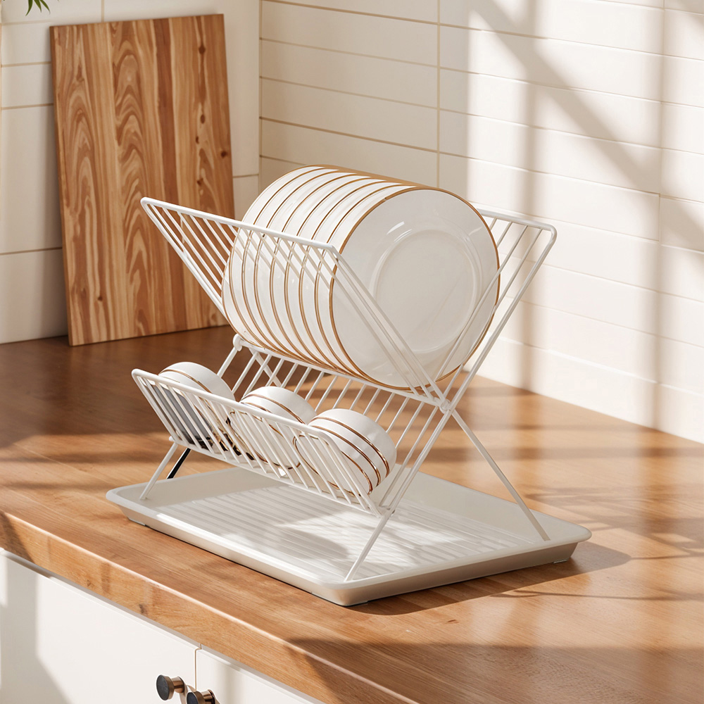 Living and Home 2 Tier White Foldable Dish Drying Rack with Drip Tray ...