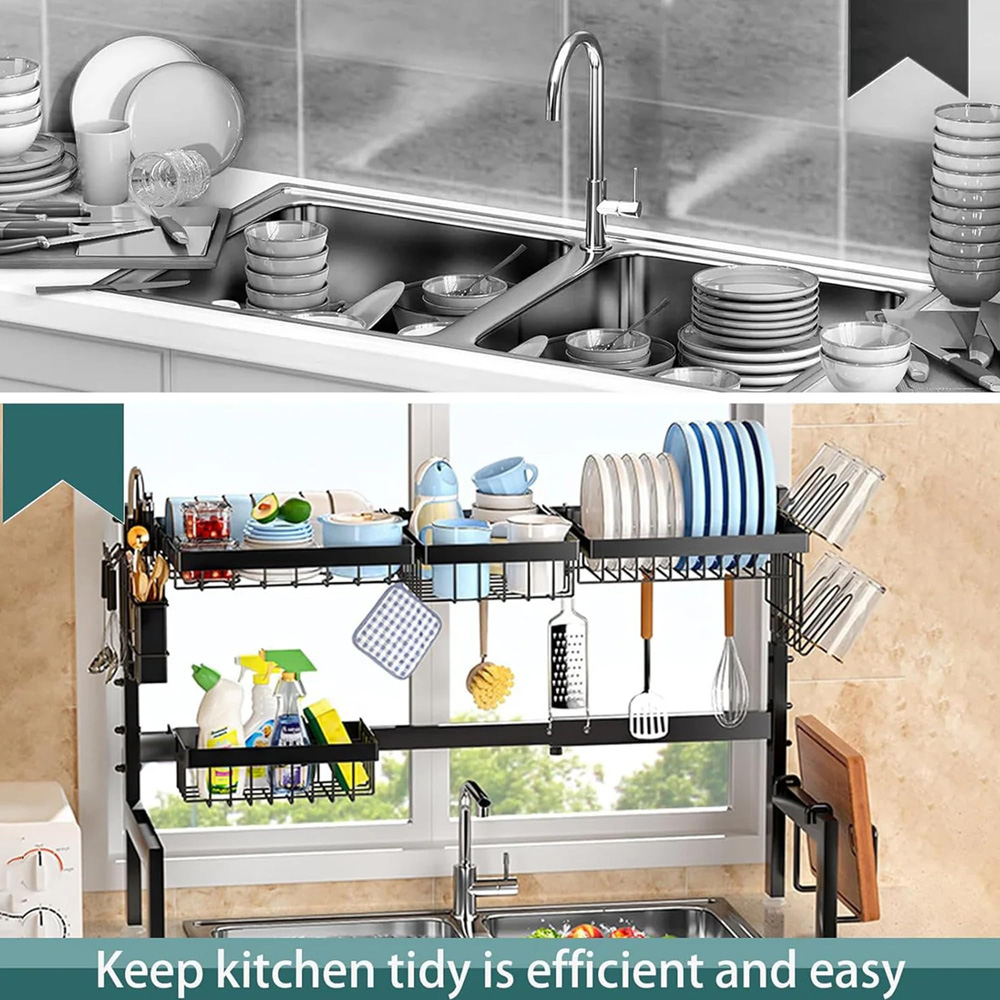 ATEK 2-Tier Black Adjustable Over Sink Kitchen Dish Drying Rack Image 7
