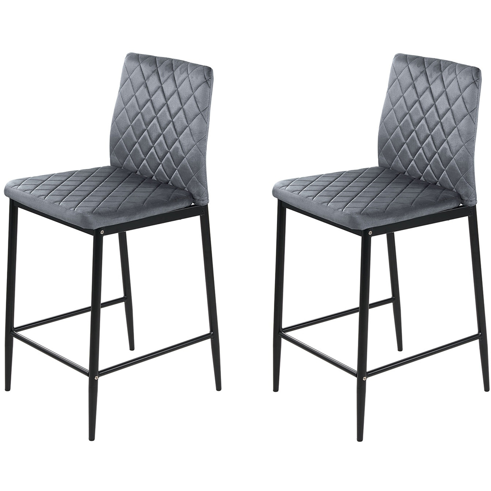 Living and Home Dark Grey Velvet Diamond Stitched Bar Stool Set of 2 Image 2