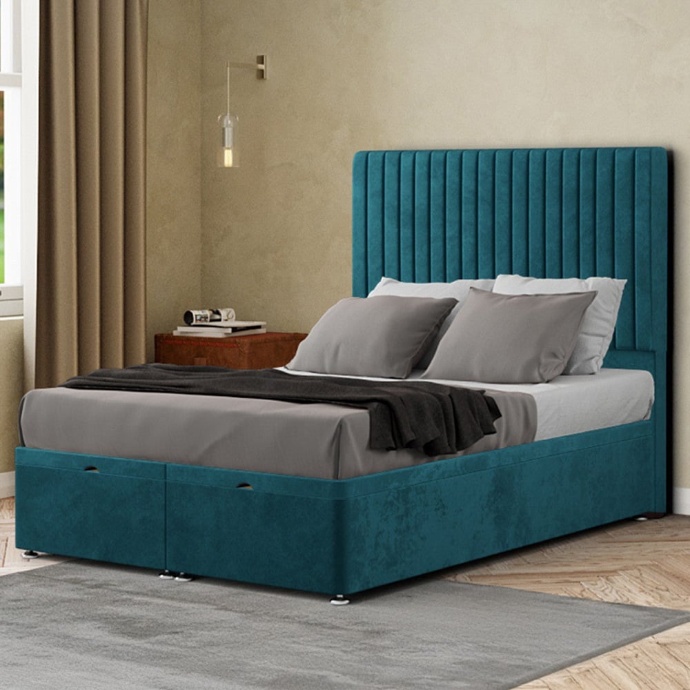 Eleganza Maryland Small Double Emerald Plush Ottoman Bed with Floor Standing Headboard Image 1
