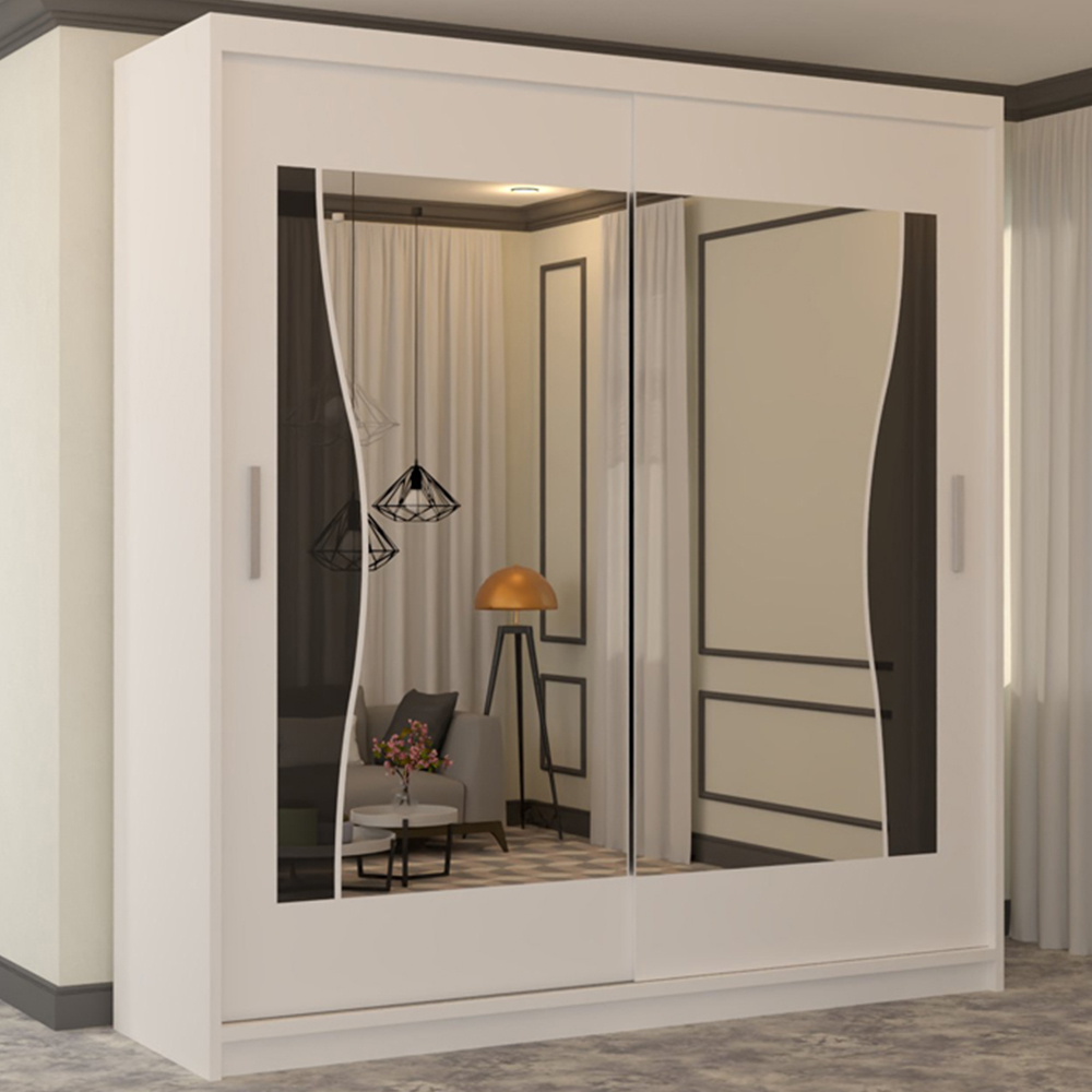 M N Furniture Banton 2 Door White Curved Mirrored Sliding Wardrobe 150cm Image 1