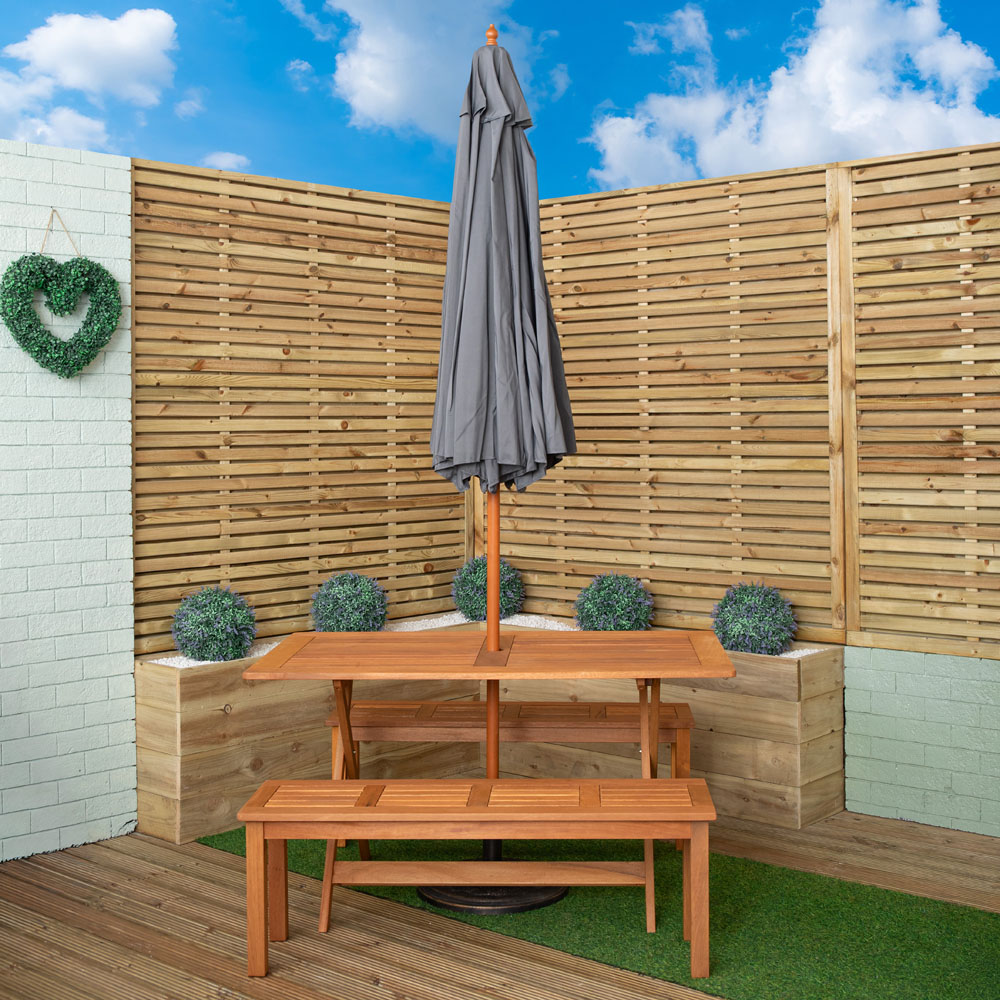 Samuel Alexander 4 Seater Wooden Rectangular Dining Bench Set with Grey Parasol and Base Image 9