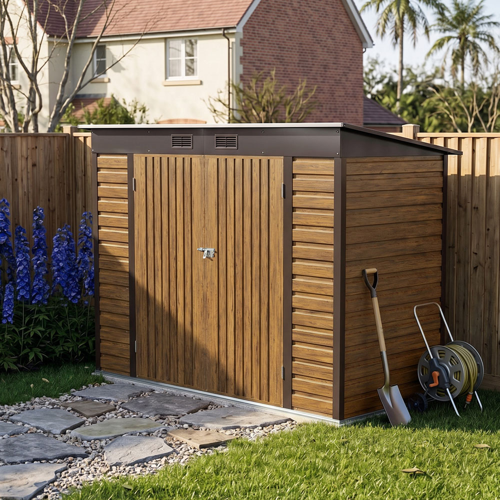 Living and Home 8 x 4ft Brown Wood-Grain Finish Pent Garden Storage Shed Image 3