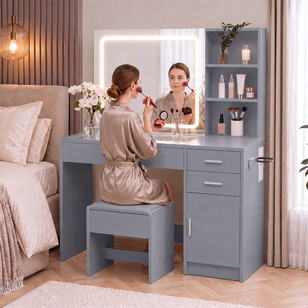 VIDA DESIGNS Clova Single Door 3 Drawer 2 Shelf Grey LED Dressing Table Set with Power Outlet Image 3