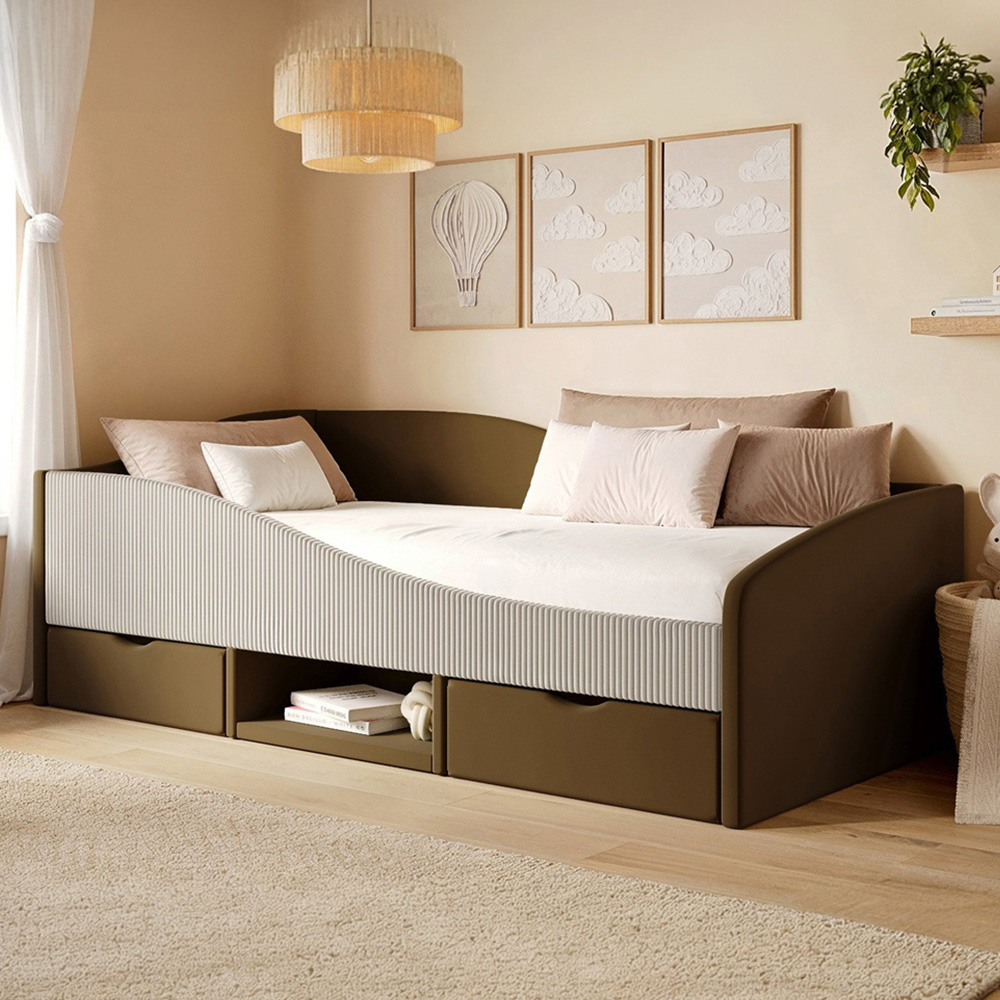 Flair Aubrey Brown Velvet Storage Low Sleeper Bed with Beige Cord Image 1