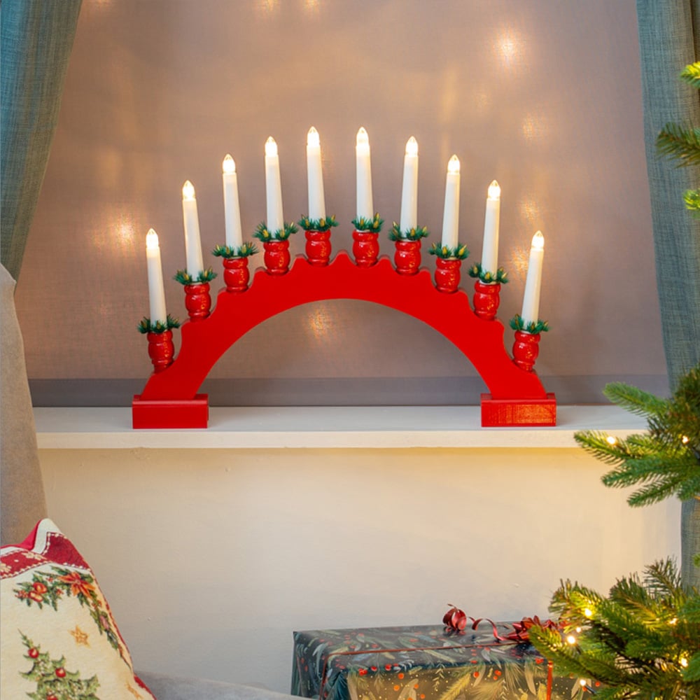 The Christmas Workshop 10 LED Red Arched Wooden Candle Bridge Light Image 1