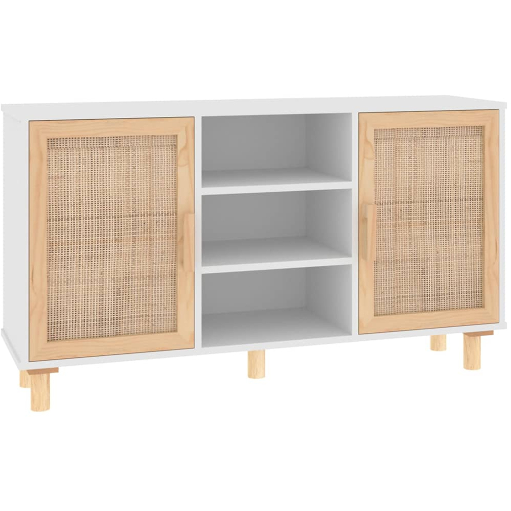 vidaXL 2 Door 3 Shelf White Solid Pine Wood and Natural Rattan Sideboard Image 2