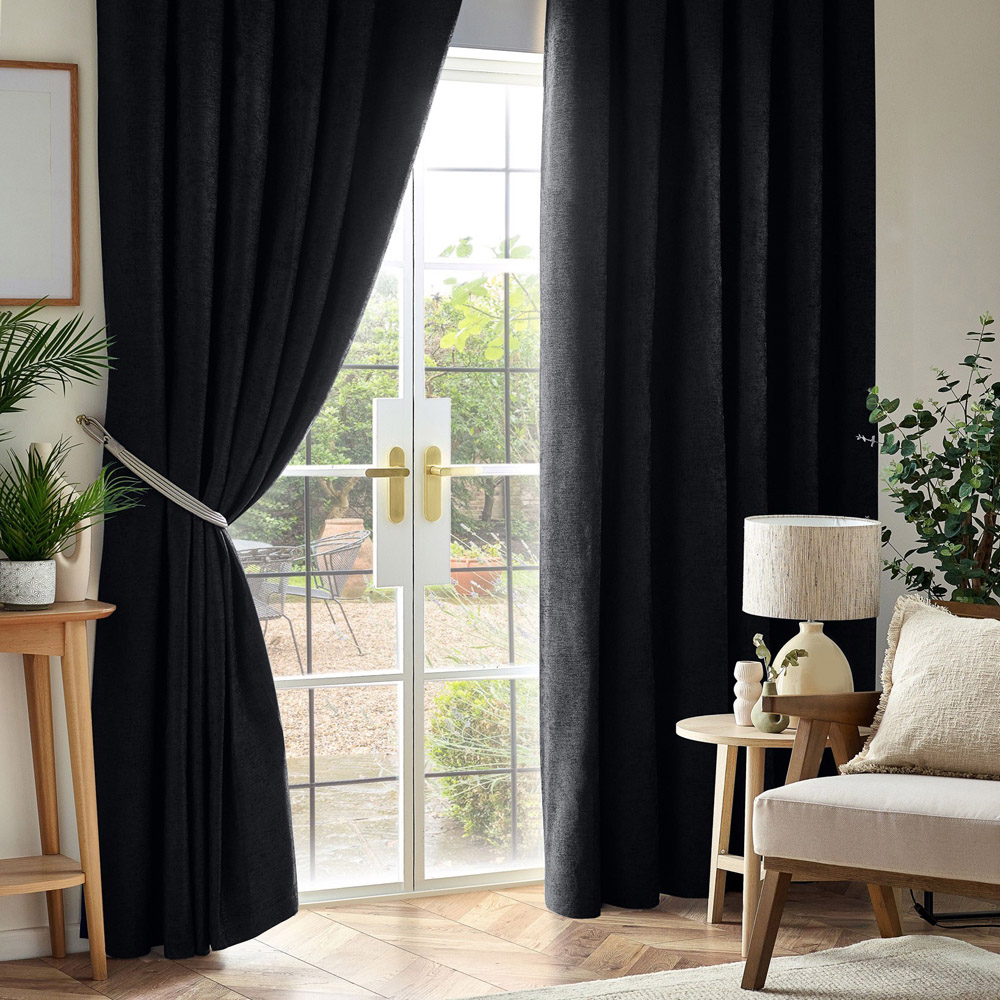 Alan Symonds Black Chenille Blackout Pencil Pleat Curtains 229cm x 229cm Image 1