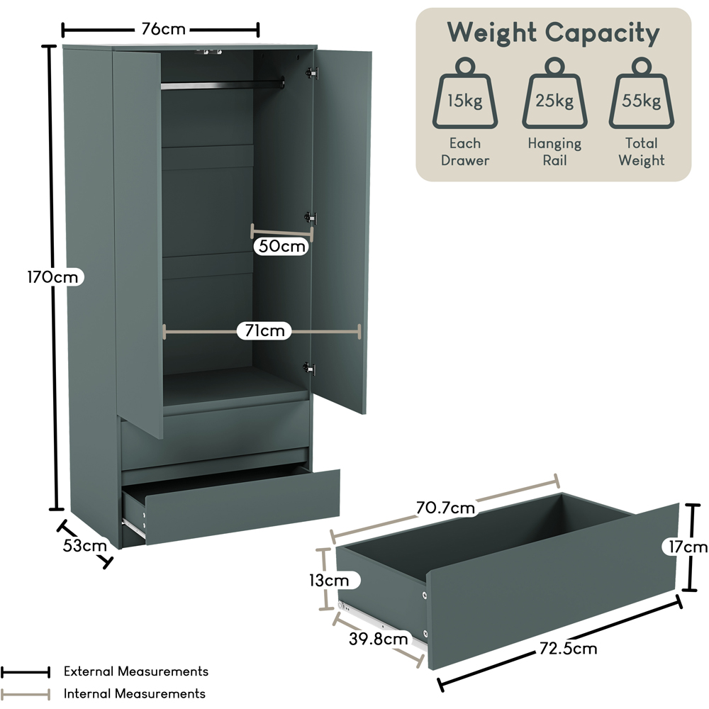VIDA DESIGNS Denver Jasper Green 2 Door 2 Drawer Wardrobe Image 8
