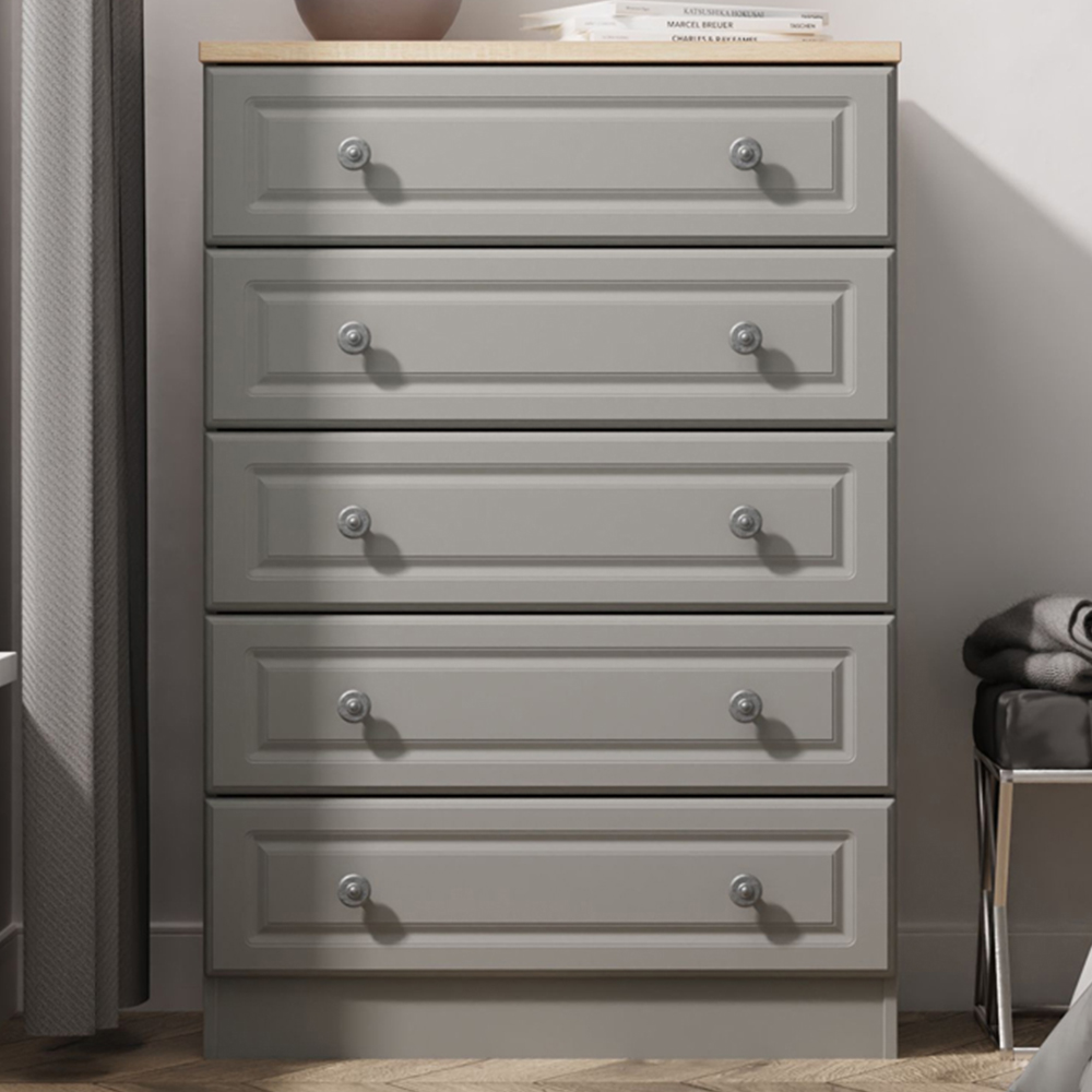 Crowndale Norfolk 5 Drawer Dusk Grey and Bardolino Oak Chest of Drawers Ready Assembled Image 1