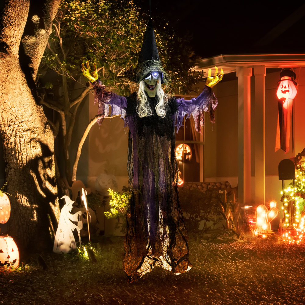Outsunny Voice Activated Animatronics Purple Hanging Witch Halloween Decoration 6ft Image 3