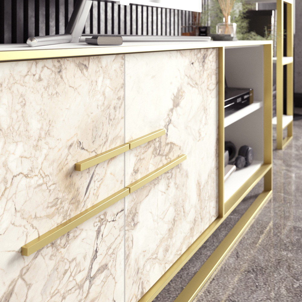 Decorotika Polka 2 Door White Marble and Gold TV Unit Image 5