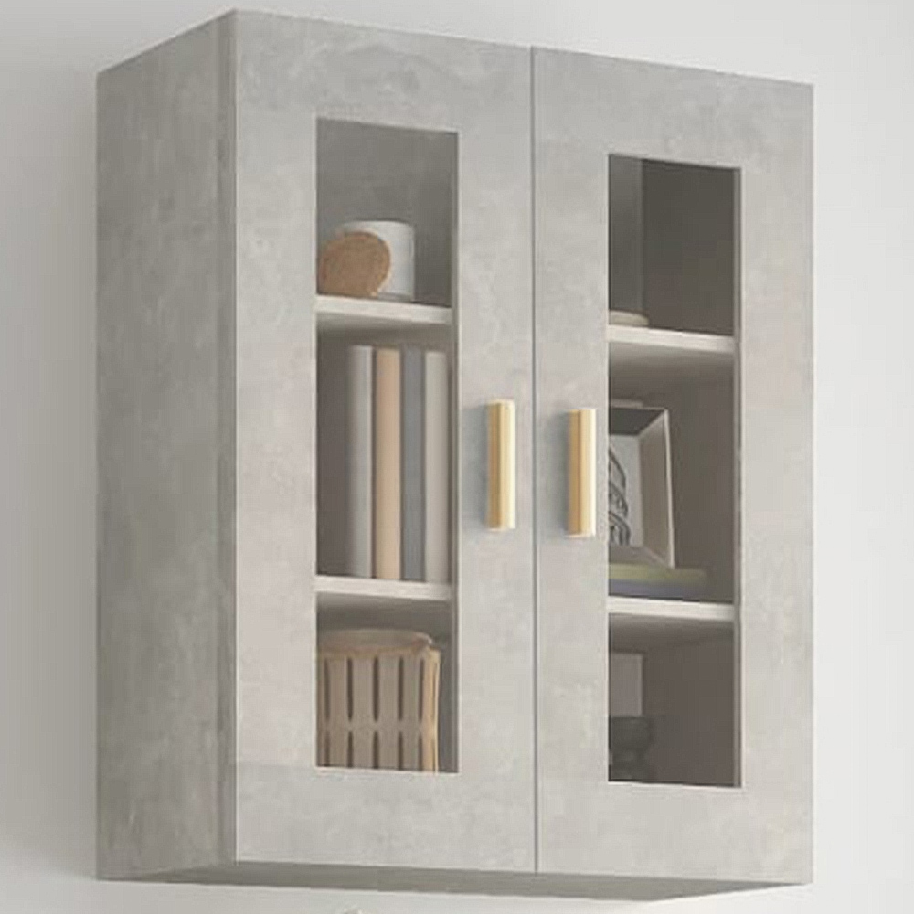 vidaXL 2 Glass Door 3 Shelf Concrete Grey Hanging Wall Cabinet Image 1