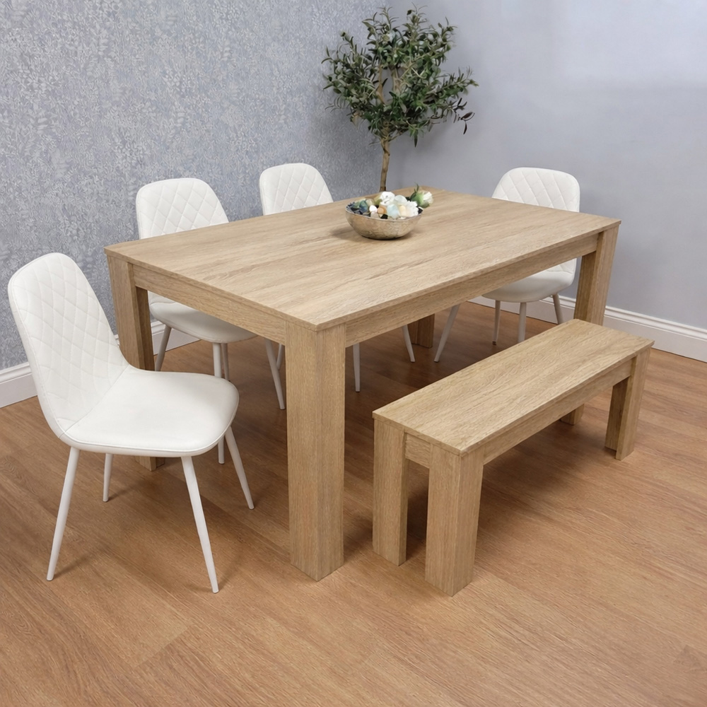 Kosy Koala 6 Seater Faux Leather Dining Bench Set Oak Effect and White Image 6