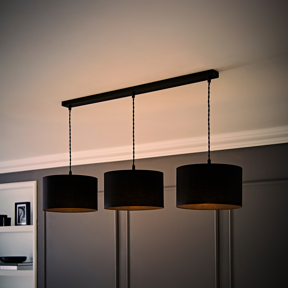 ValueLights Reni Black Fabric Drum Shade 3 Drop Bar Black Diner LED Ceiling Light Image 6