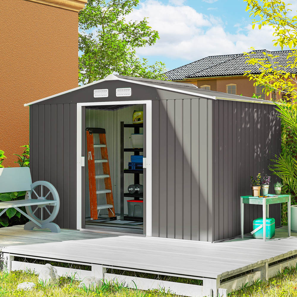 Outsunny 9 x 6ft Grey Metal Apex Garden Shed Image 2