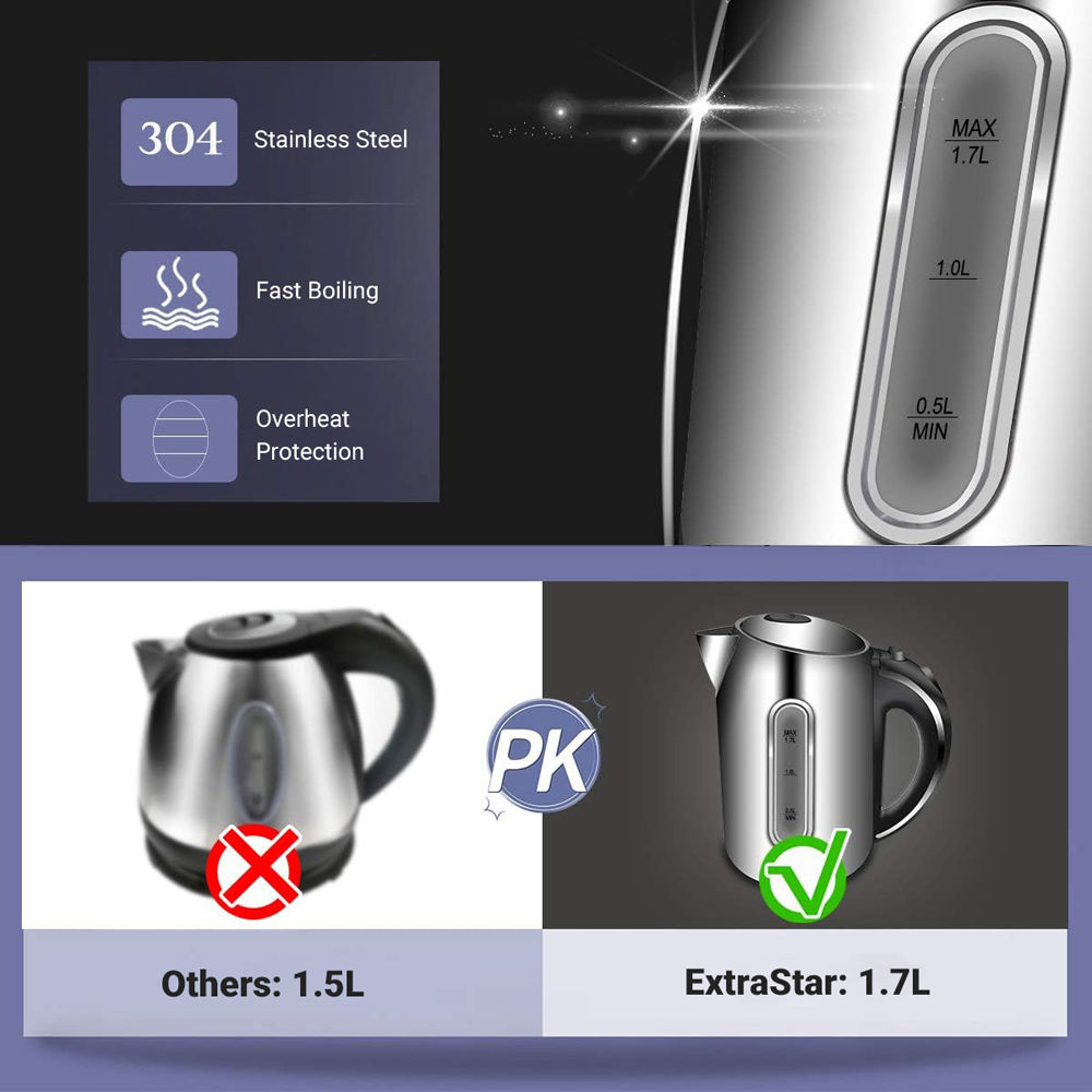 ExtraStar NHHB1739 1.7L Stainless Steel Cordless Electric Kettle with LED Indicator Light Image 4
