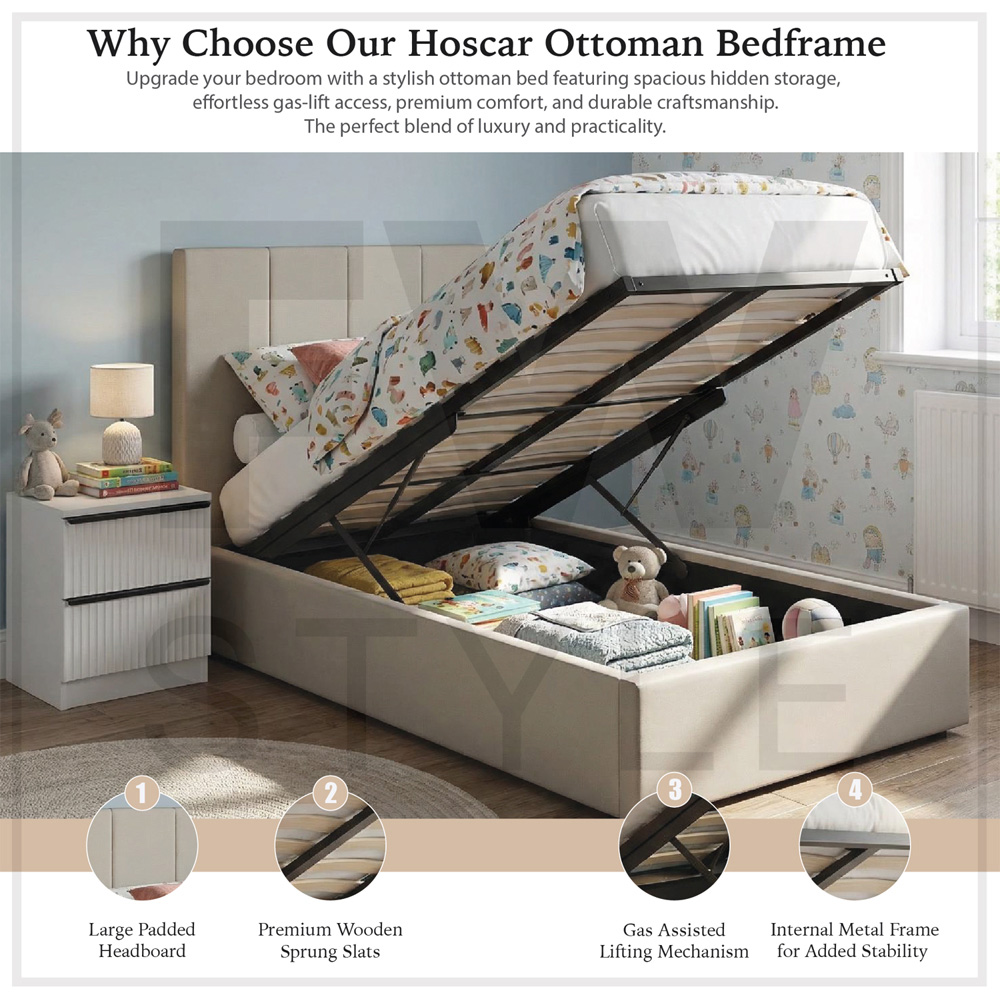 FWStyle Hoscar Single Beige Upholstered Lift-Up Ottoman Bed Frame with Ribbed Headboard Image 6