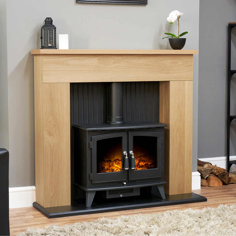 Adam Innsbruck Oak Fireplace with Woodhouse Black Electric Stove 45 inch Image 2