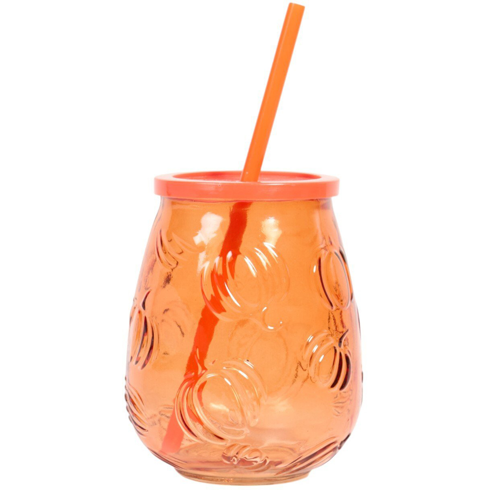 Pumpkin Glass Jar with Lid and Straw Orange Image 1
