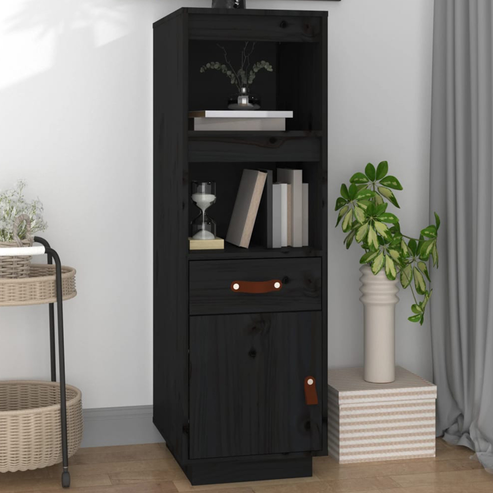 vidaXL Single Door Single Drawer 2 Shelf Black Pine Wood Highboard Image 1