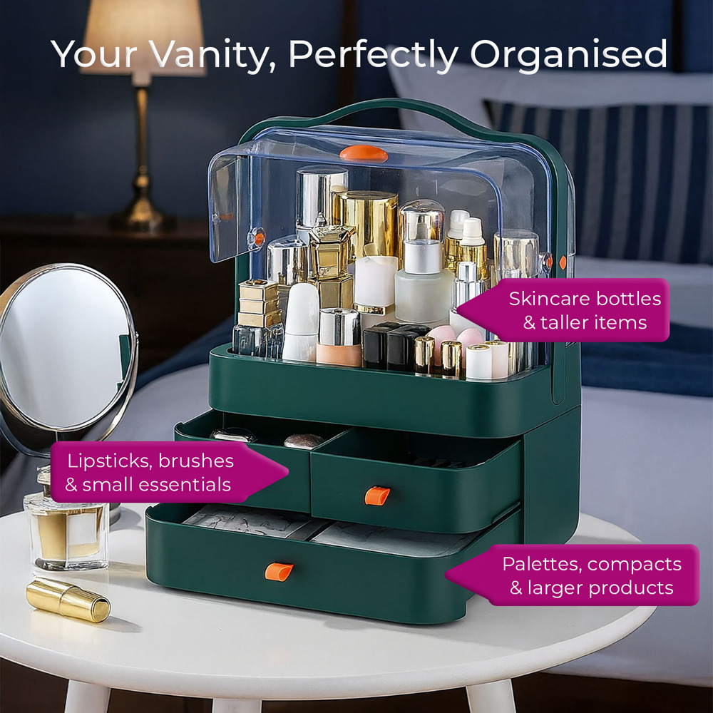Neo 3 Drawer Green Acrylic Makeup Storage Organiser with Lid Image 4