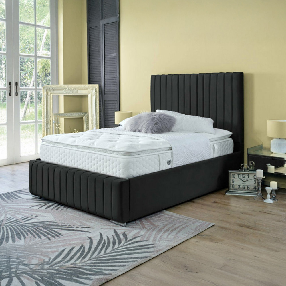 DS Living Savoy King Size Black Panel Line Soft Velvet Bed Frame Image 4