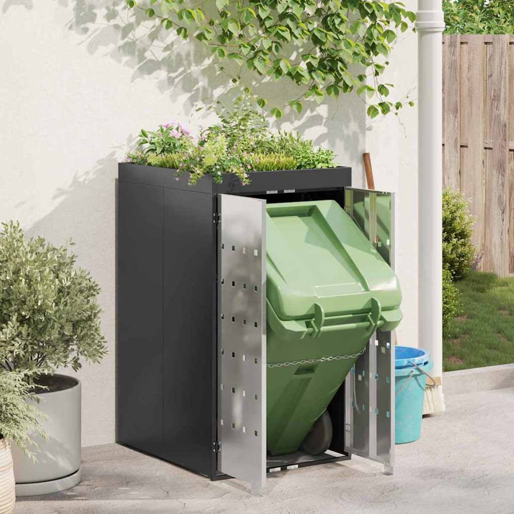 vidaXL Anthracite and Silver Wheelie Bin Storage Shed with Planter Roof Image 2