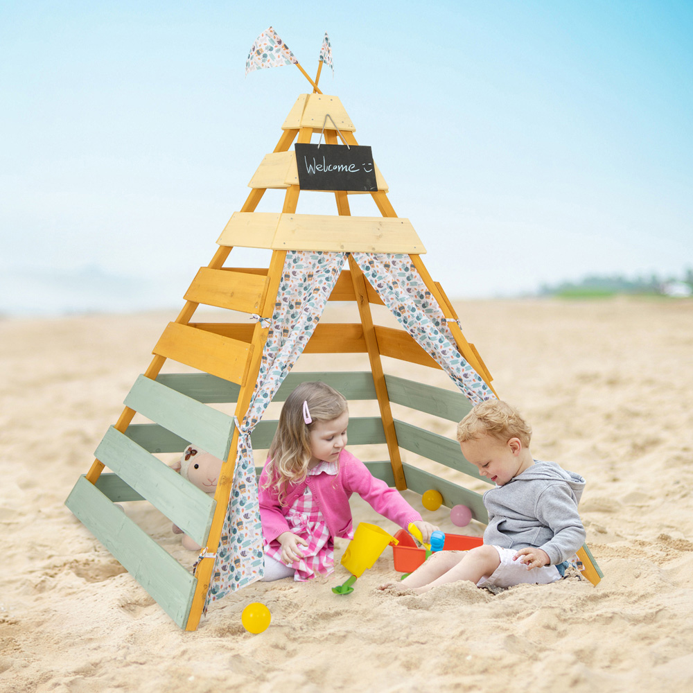 Costway Wooden Kids Play Tepee Tent with Curtains Image 4