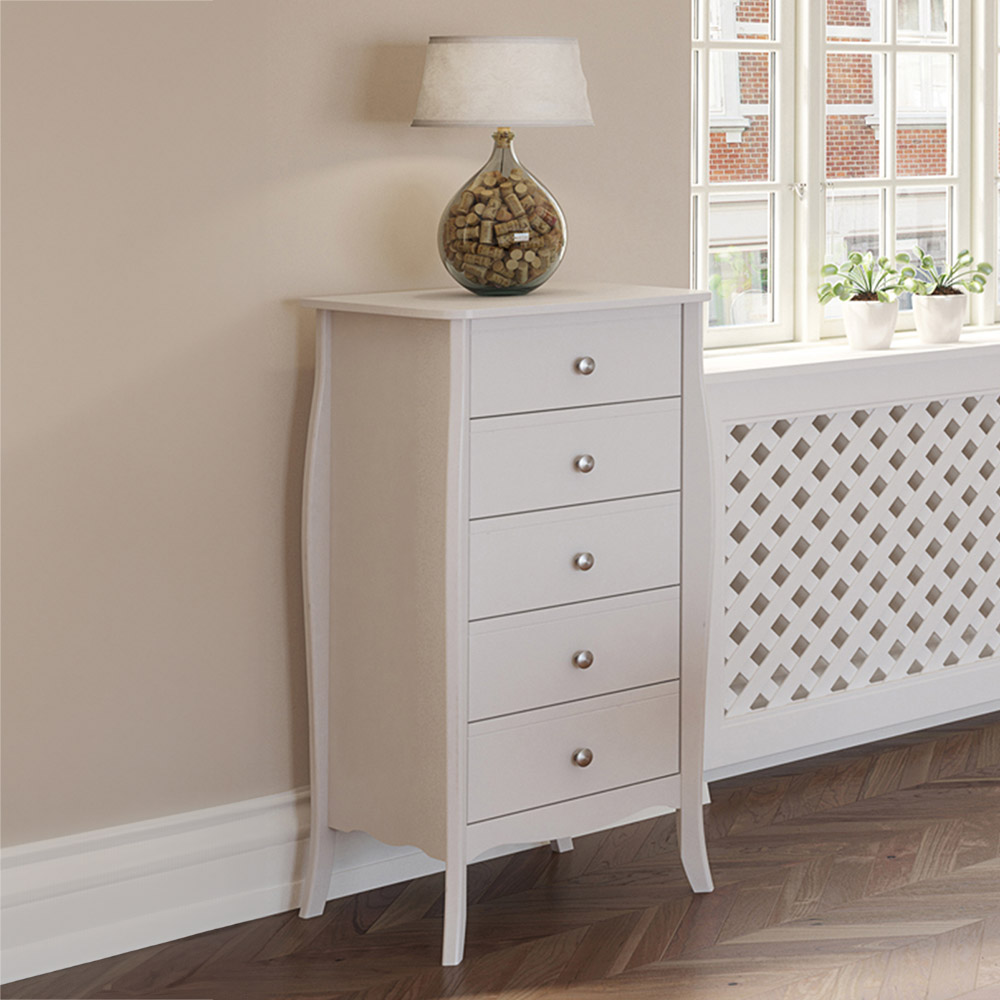 Florence Baroque 5 Drawer White Narrow Chest of Drawers | Wilko