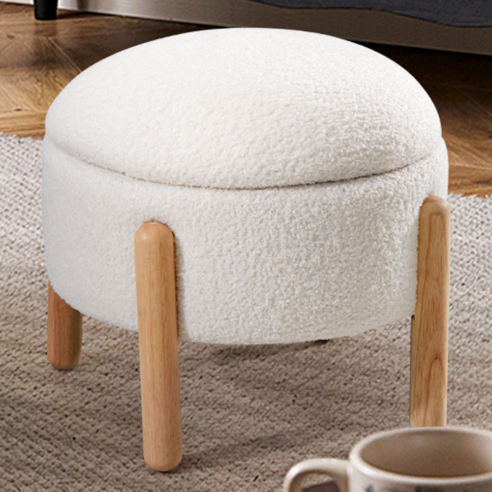 Living and Home White Round Teddy Fleece Storage Ottoman with Removable Lid Image 1