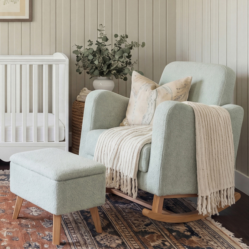Bebe & Beyond Soother Sage Boucle Nursing Chair and Stool Image 1