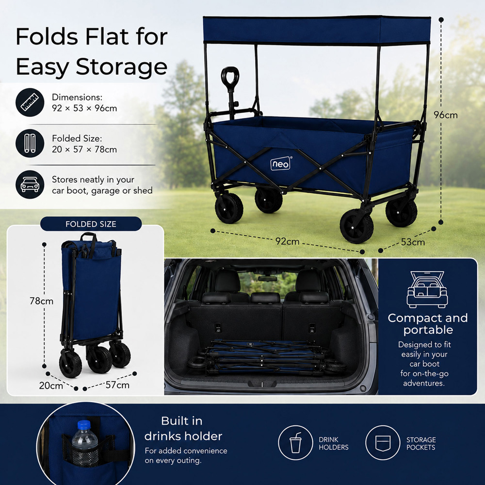 Neo Direct 140L Navy Heavy Duty Folding Garden Trolley Cart with Canopy Image 9