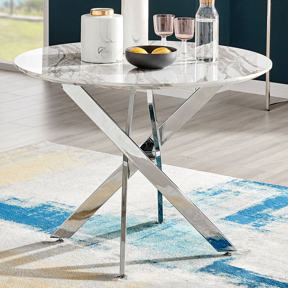 Furniturebox Arona 4 Seater Round Dining Table White Marble and Silver Image 1