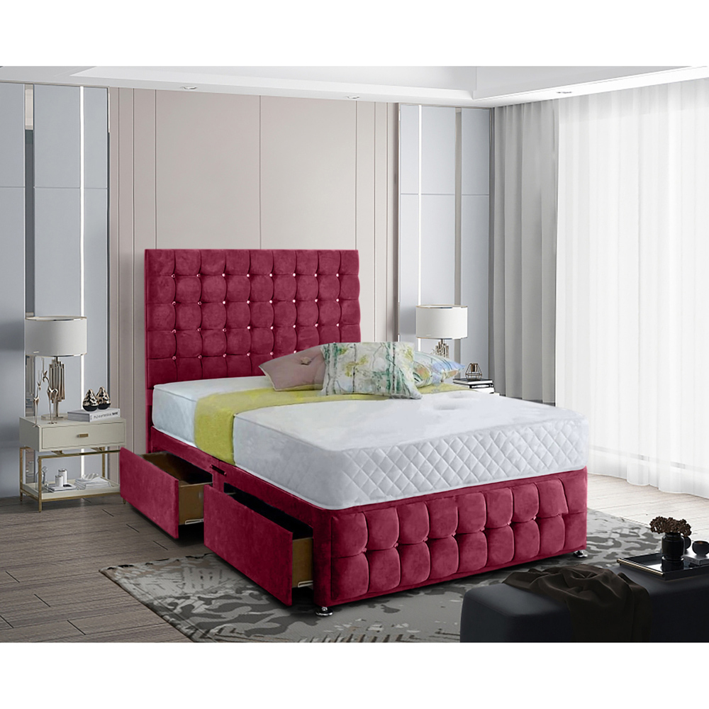 Eleganza Home Cloudrest Super King Size Maroon Plush Velvet 2 Drawer Divan Bed with Headboard Image 2
