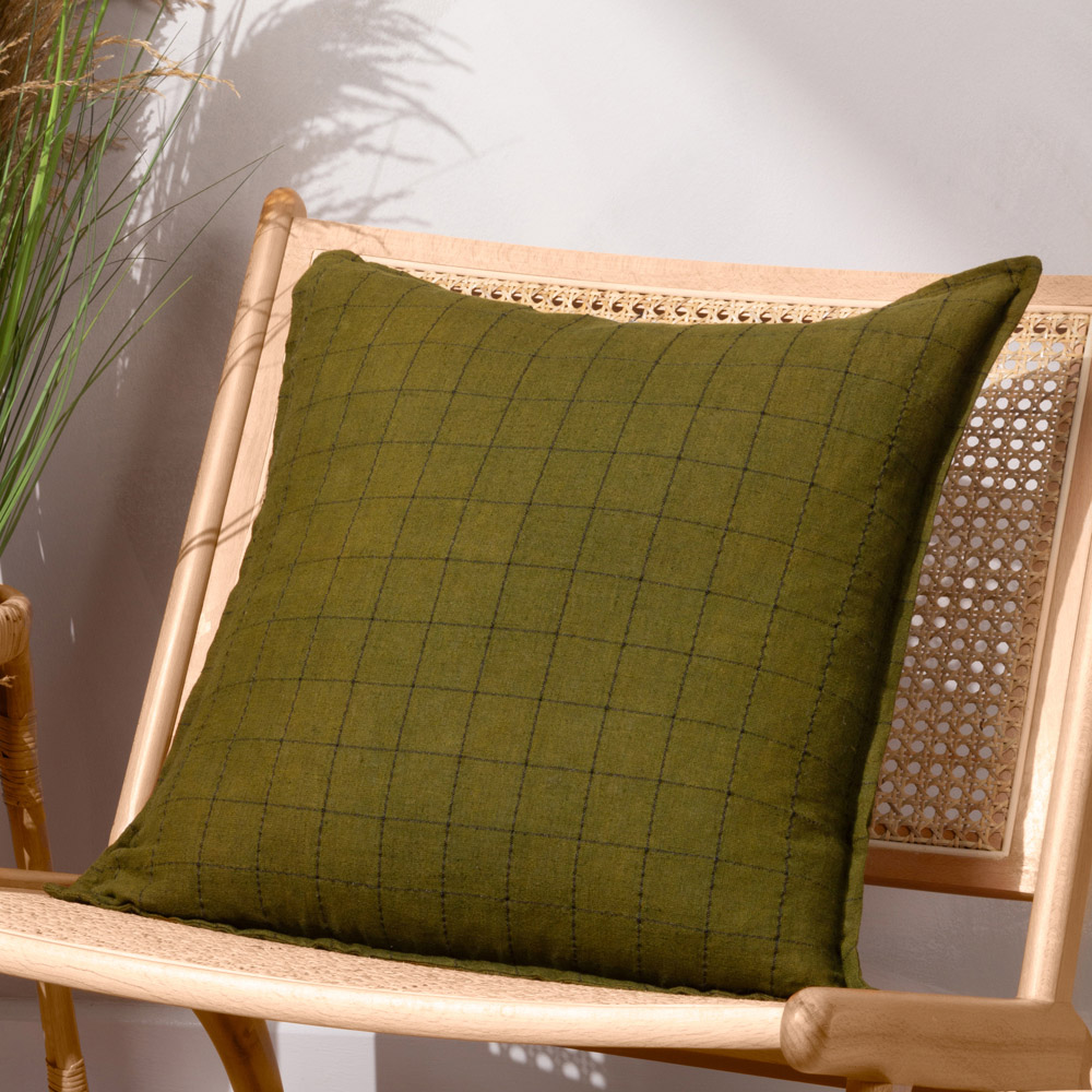 Yard Grid Check Olive Linen Cushion Image 2