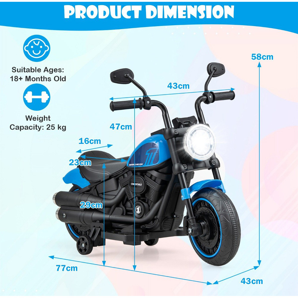 Costway Kids Navy Ride On Motorcycle with Training Wheels and Headlight 6V Image 8