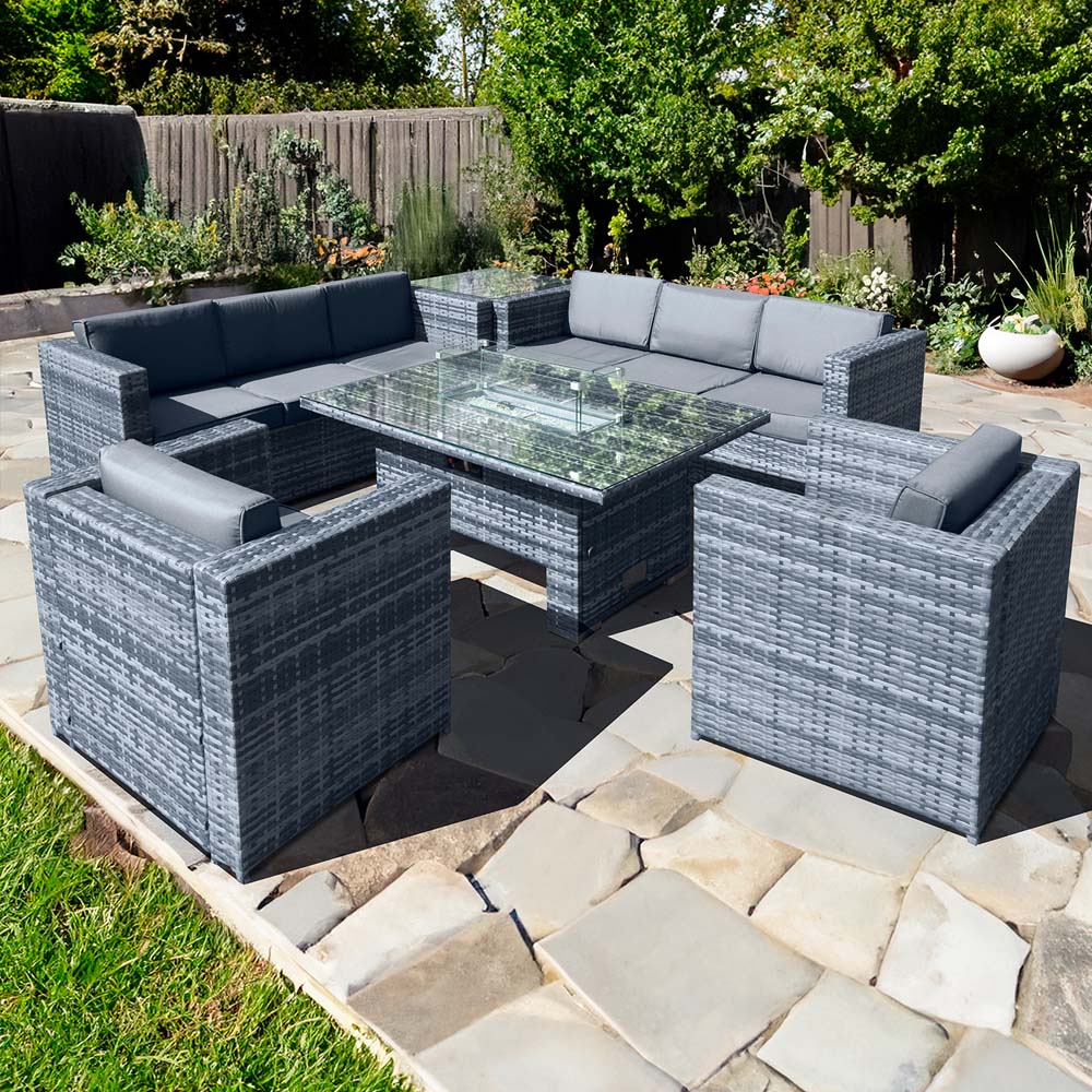 Oseasons Malta 8 Seater Ocean Grey Rattan Rising Firepit Corner Sofa Set Image 1