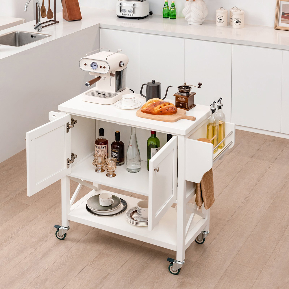Costway 2 Door Single Shelf White Kitchen Island Trolley Image 2
