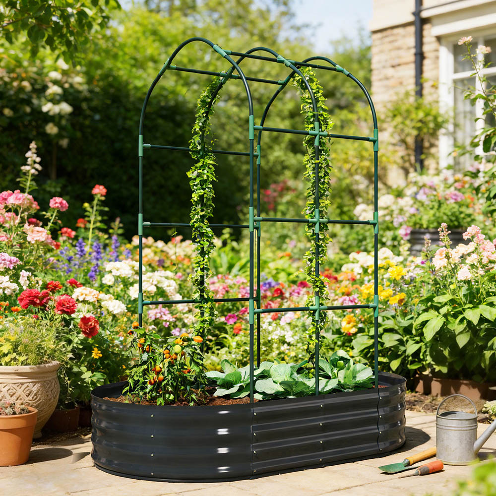 Outsunny Dark Grey Galvanised Raised Garden Bed with Trellis 180 x 90 x 160cm Image 2