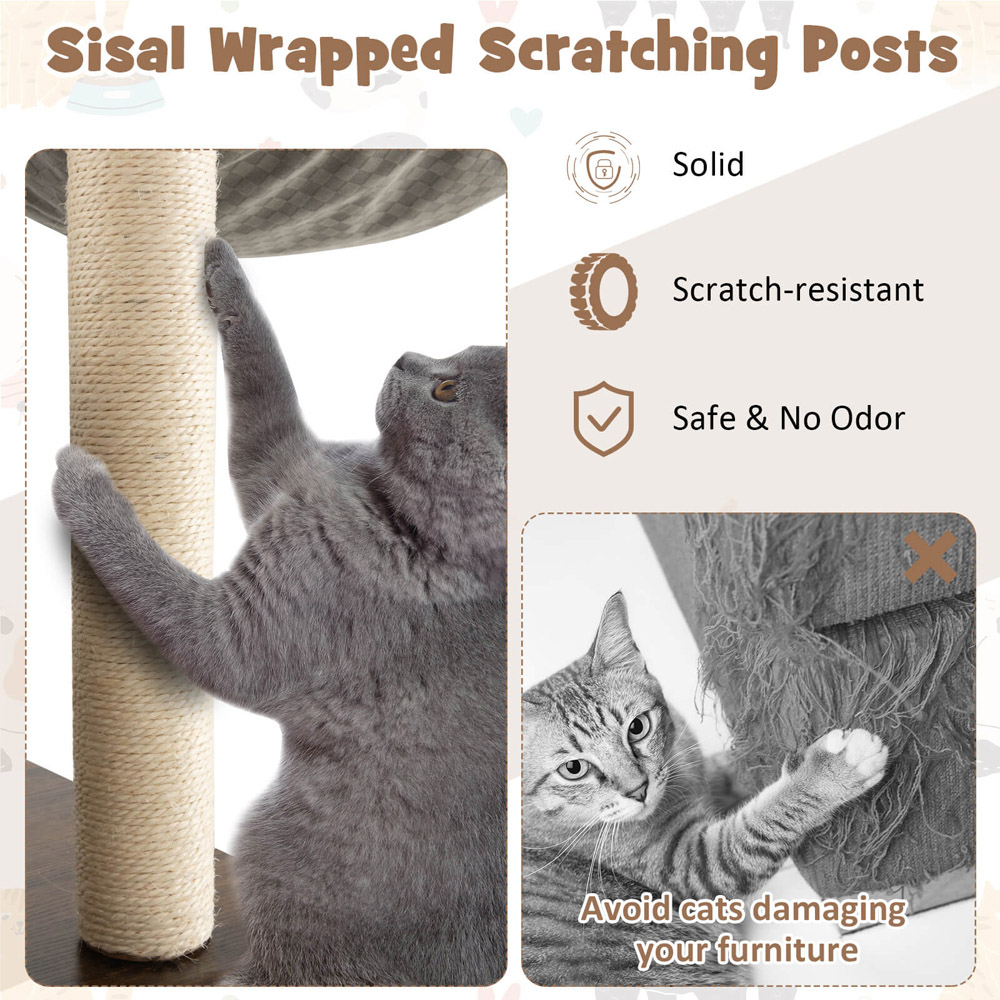 Costway Grey Wooden Cat Tree with Hammock Image 6