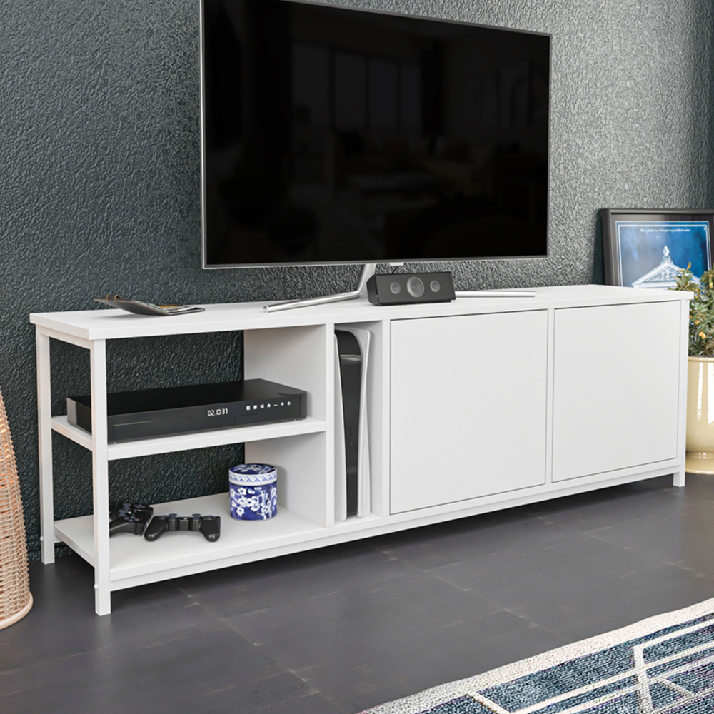 Decorotika Primrose 2 Door 3 Shelf White TV Stand for 72 inch TV Image 1