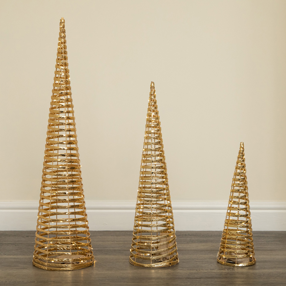 Samuel Alexander 90 Warm White LED Gold Braid Christmas Cone Tree with Timer Set of 3 Image 7