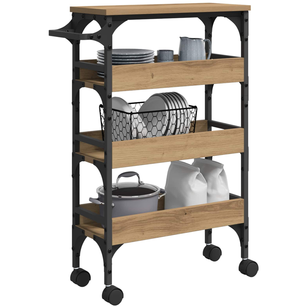 vidaXL 3 Shelf Artisan Oak Kitchen Trolley with Handle Image 3
