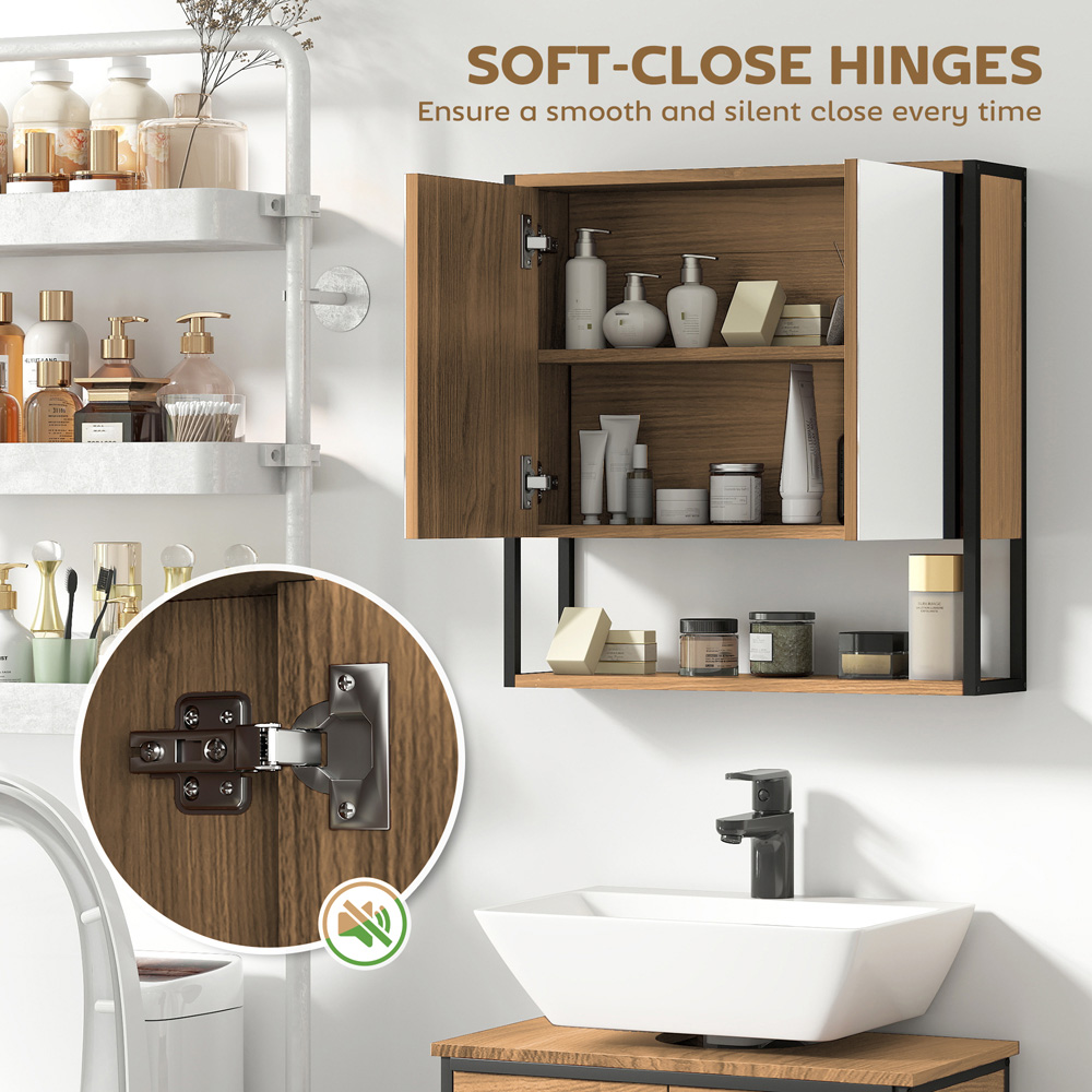 HOMCOM 2 Door Natural Industrial Mirror Bathroom Cabinet Image 6