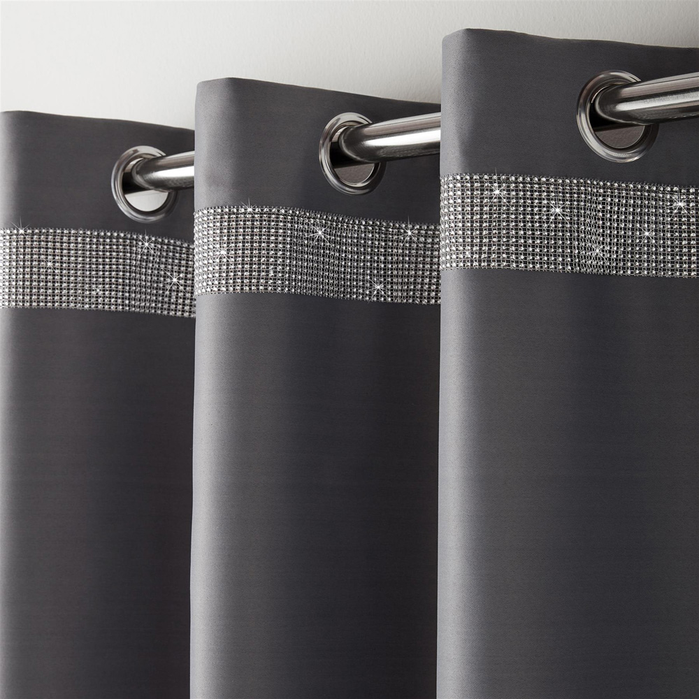 Alan Symonds Palace Silver Plain Thermal Ring Top Eyelet Curtains with Diamante Band 228 x 183cm Image 2
