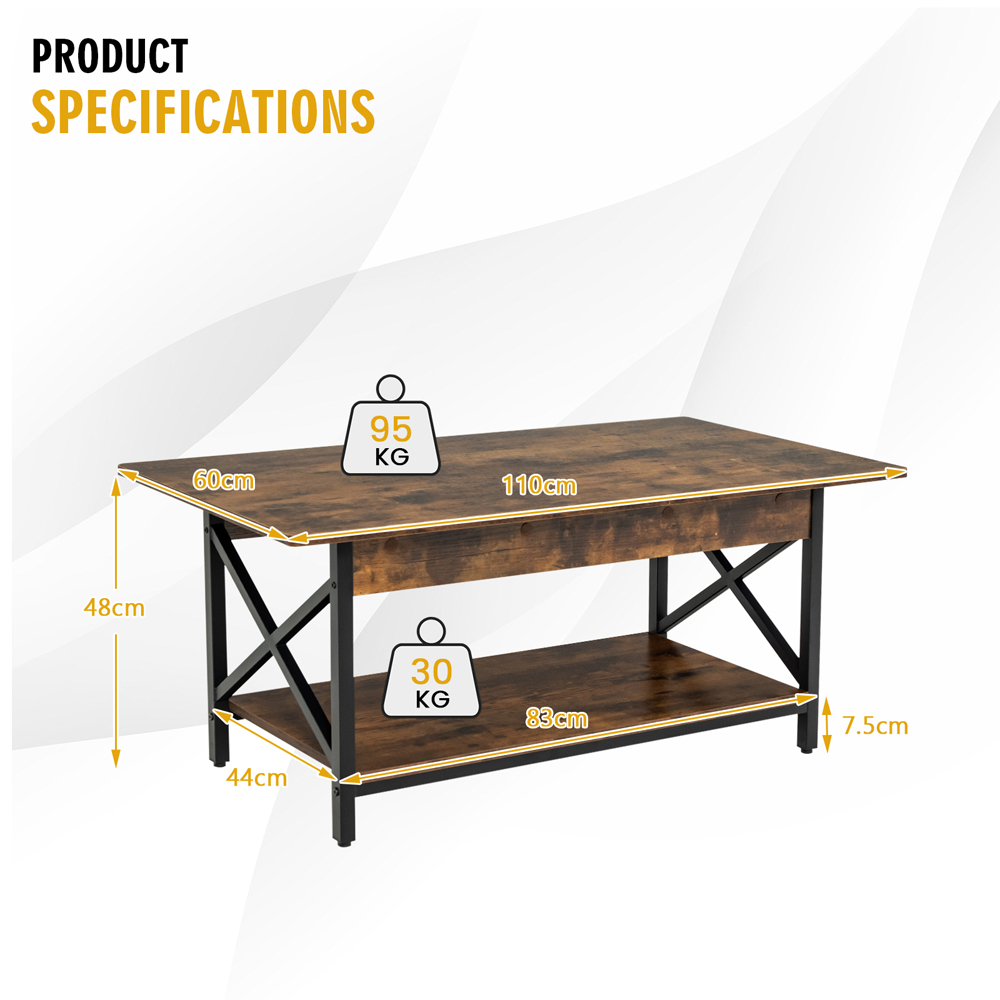 Costway Single Shelf Rustic Brown Industrial Style Coffee Table Image 9