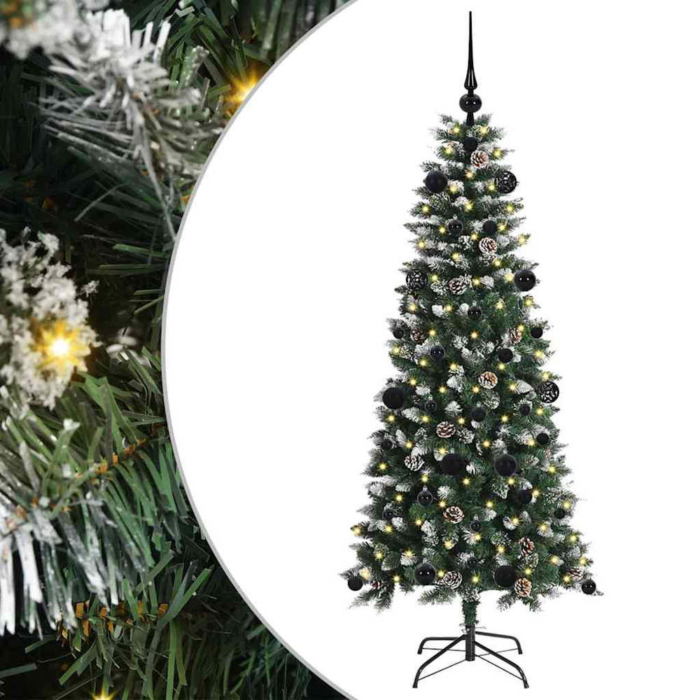 vidaXL Pre-Lit Black Baubles Green Artificial Snow Tipped Christmas Tree 5ft Image 2