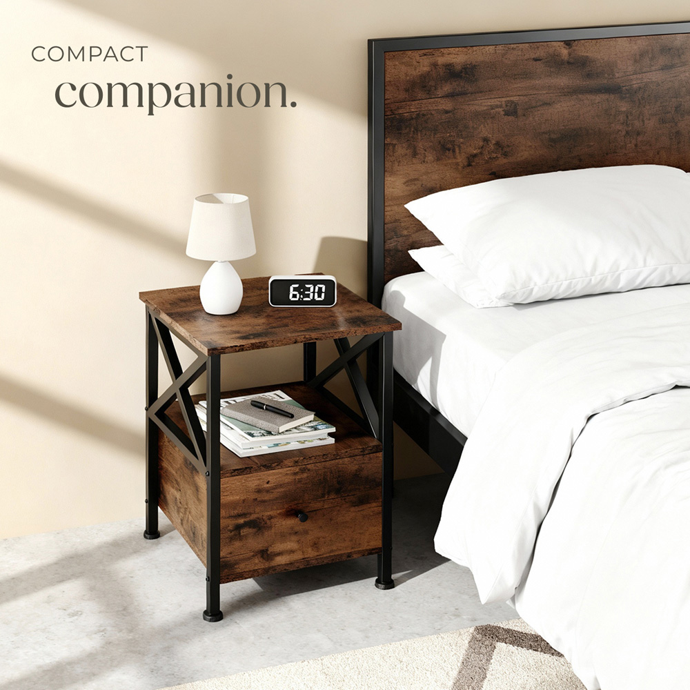 tectake Falkirk Single Drawer 2 Shelf Dark Industrial Wood Rustic Bedside Table Image 7