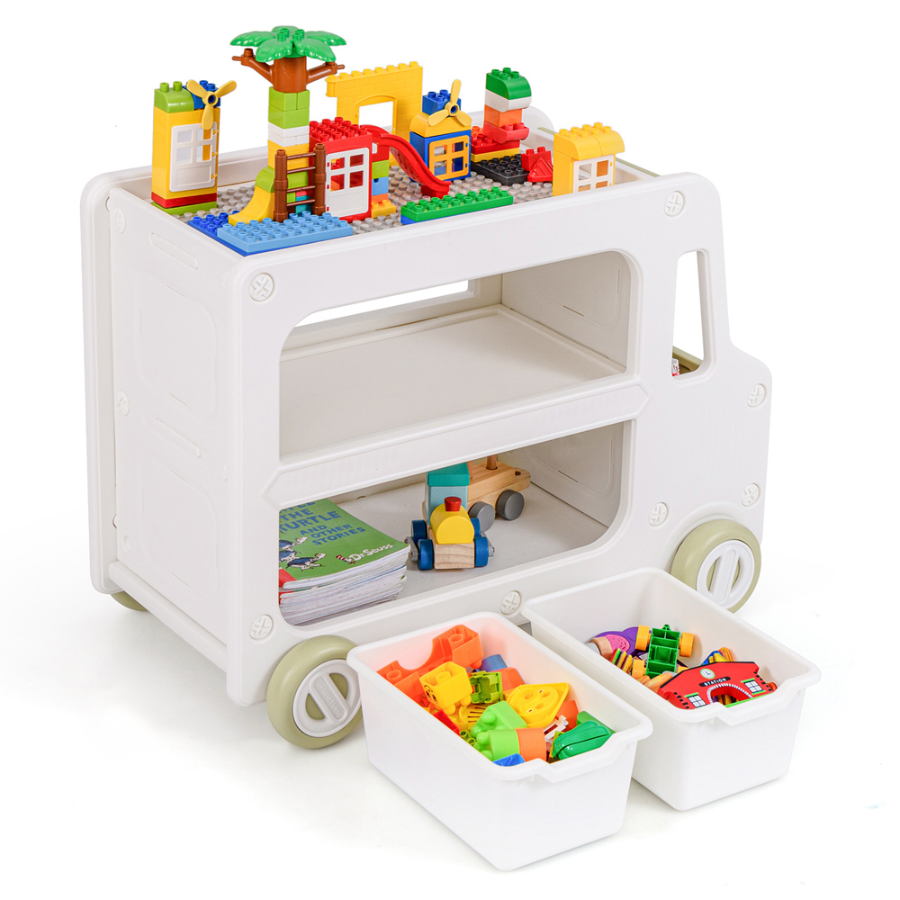 Costway 2-in-1 Kids White Car Shaped Toy Cabinet with Storage Basket Image 5